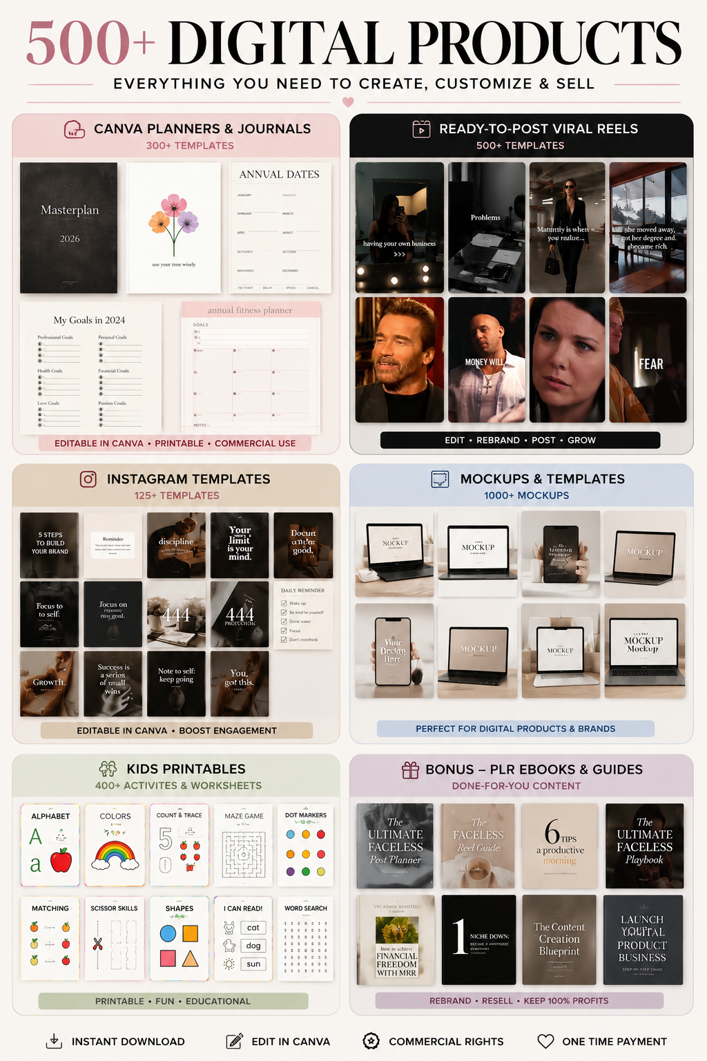 Preview of Creator Vault products including Canva planners, viral reels, templates and ebooks